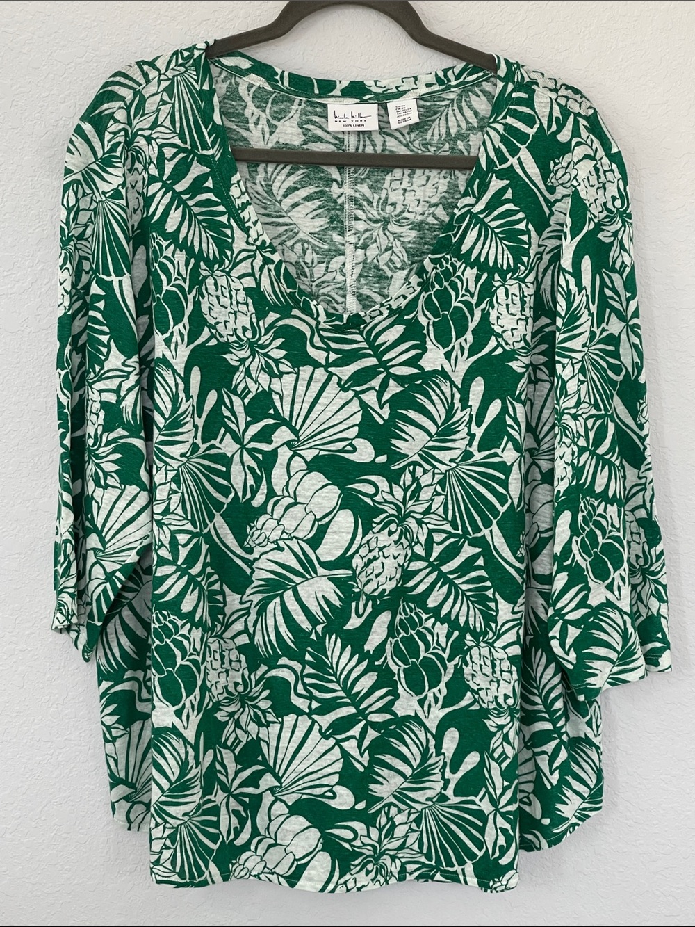 Nicole Miller 2X 100% Linen Green Tropical Floral 3/4 Sleeve Top